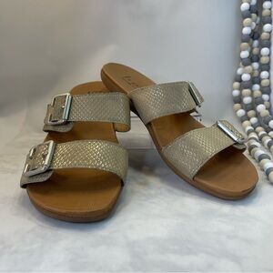 BOC Born Concept Size 9 Gold/Tan Two Strap Sandals Slip Ons Adjustable Straps